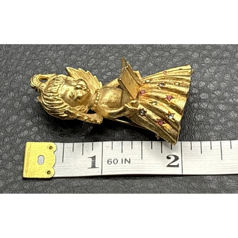 Vintage Mylu Gold Tone Angel Wings Hymn Book Brooch Pin Crystal Rhinestones